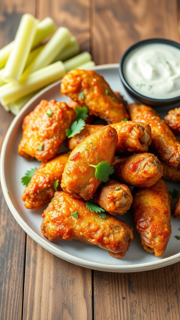 A delicious serving of crispy chicken wings with celery and blue cheese dressing on a wooden table.